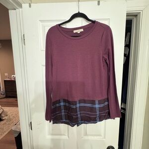 Women's Maroon Long Sleeve Top with Plaid Detail